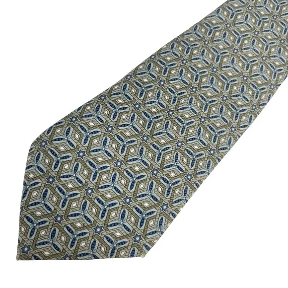 Hermes Men's Tie Geometric Star Kaleidoscope Green/Navy Silk 7662 TA 3.5 x 59